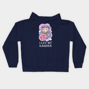 Ferret And Flowers - I Luv My Garden - White Outlined Version Kids Hoodie